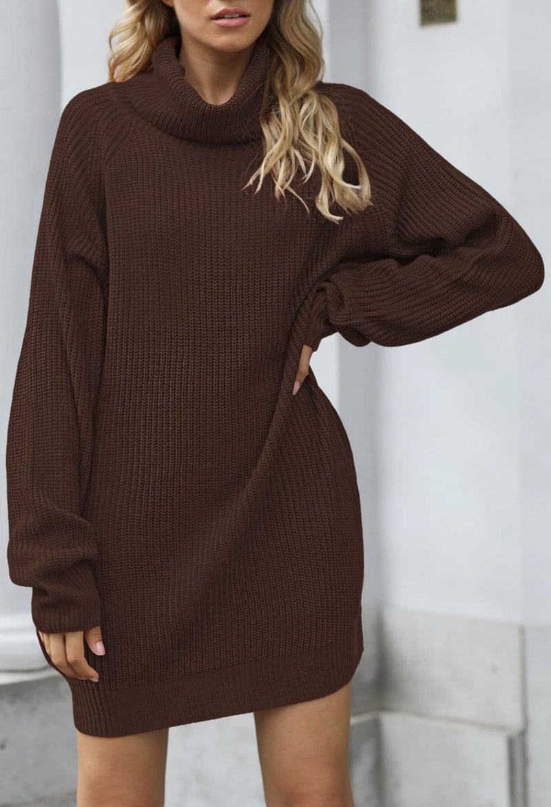 Pink Queen Women's Loose Turtleneck Oversize Long Pullover Sweater Dress Coffee L - Image 2